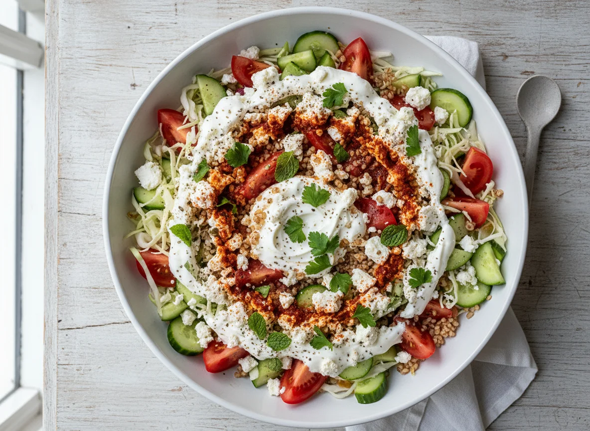 Griechischer Salat mit Joghurt-Dressing und Feta photo