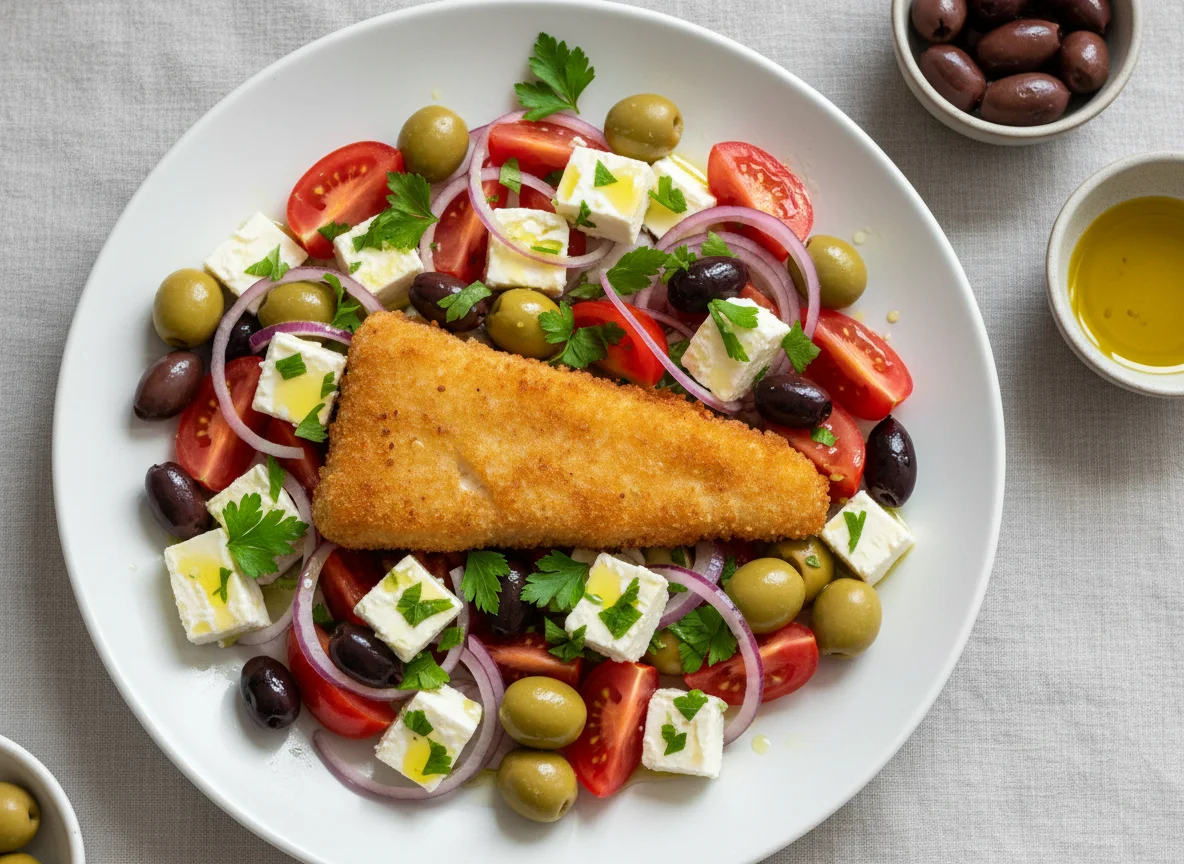 Griechischer Salat mit paniertem Fisch photo