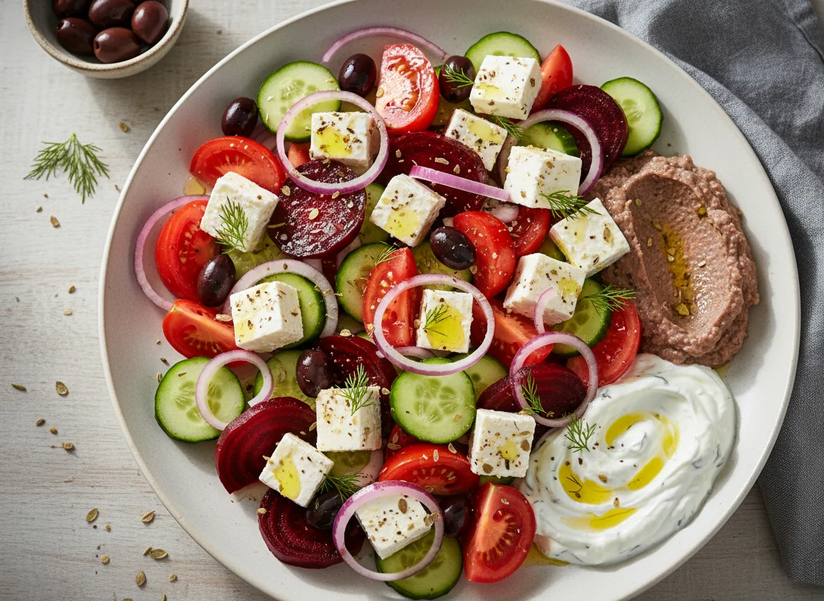 Griechischer Salat mit Roter Bete und Auberginenpaste photo