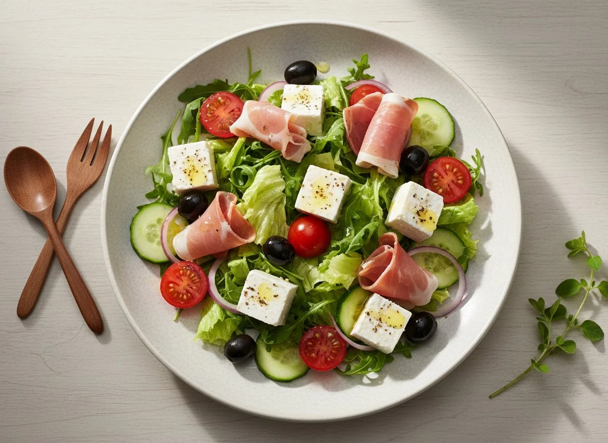 Griechischer Salat mit Rucola und Schinken photo