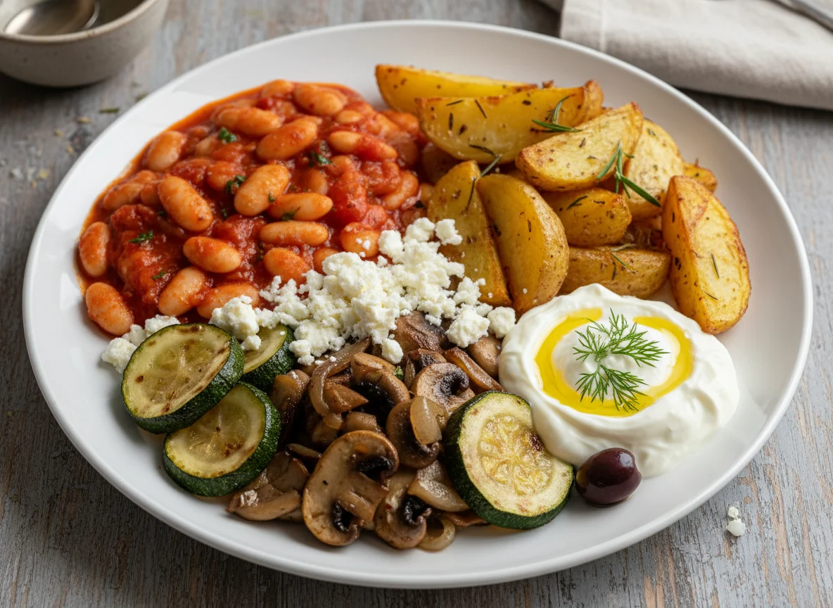 Griechischer Teller mit Bohnen, Kartoffeln und Gemüse photo