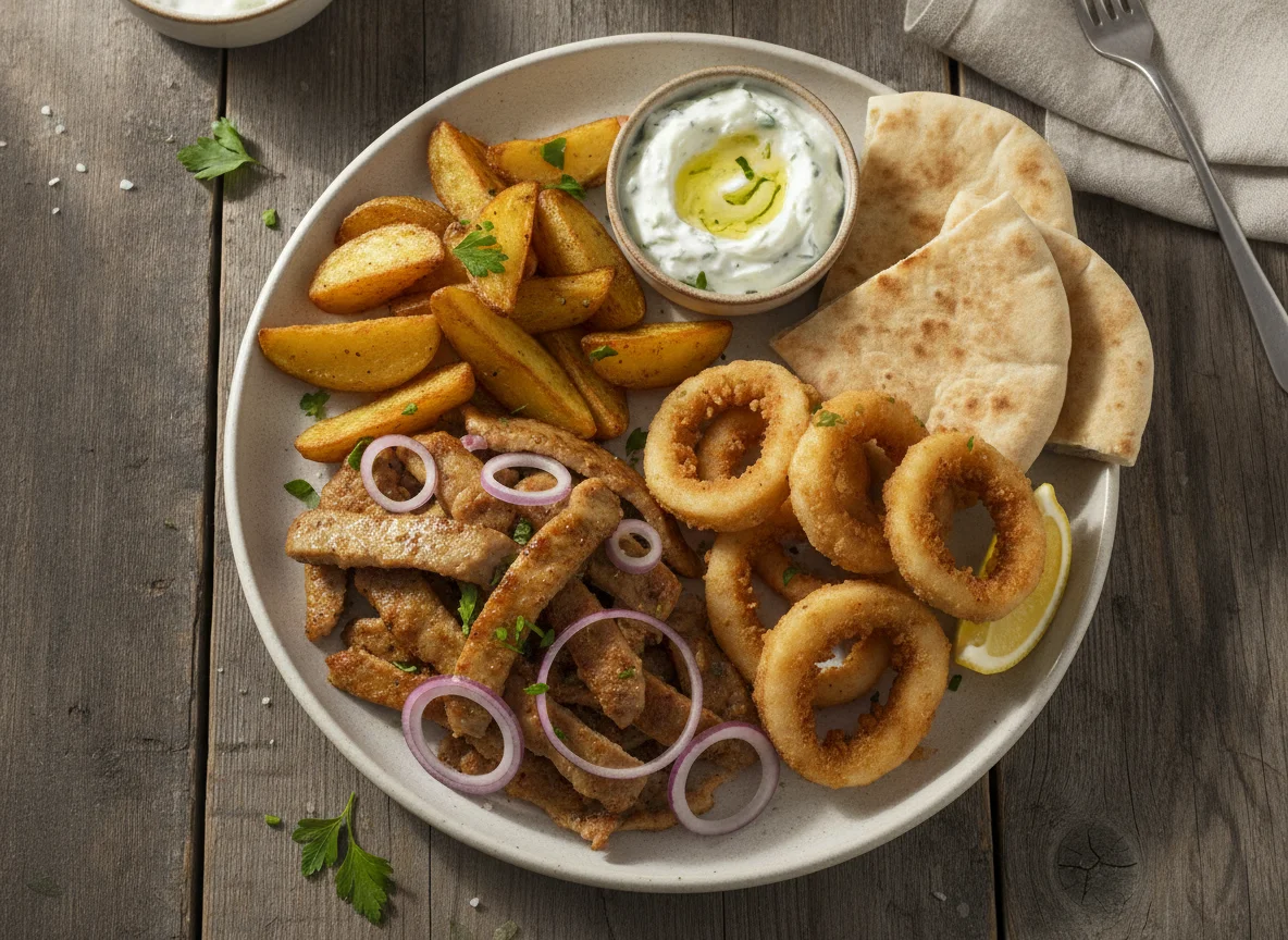 Griechischer Teller mit Gyros, Calamari und Kartoffelspalten photo