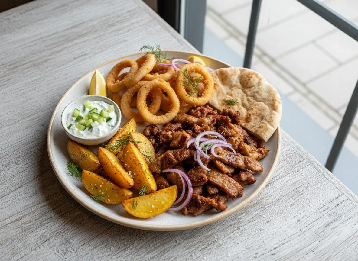 Griechischer Teller mit Gyros, Calamari, Zwiebelringen und Kartoffelspalten photo