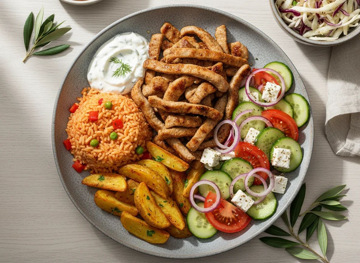 Griechischer Teller mit Gyros, Djuvec-Reis und Beilagen photo