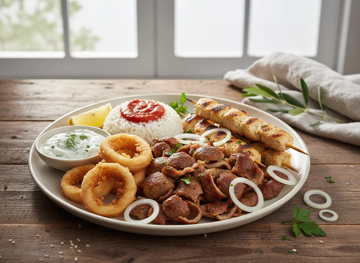 Griechischer Teller mit Gyros und Calamari photo