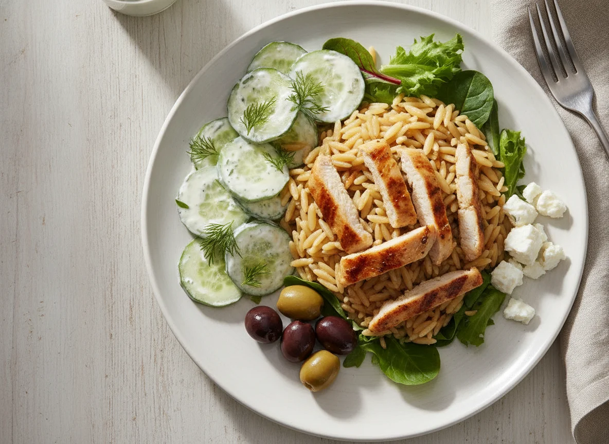 Griechischer Teller mit Orzo und Gyros photo