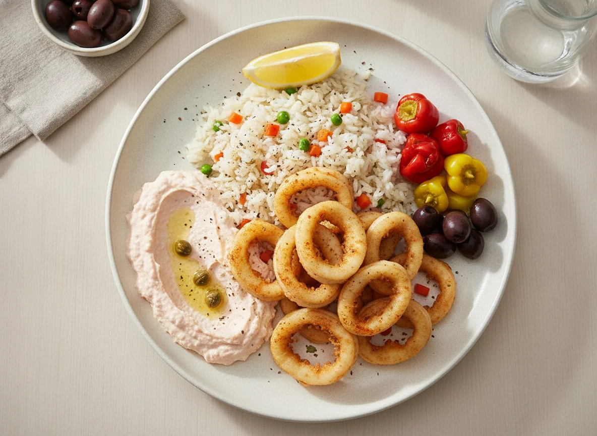 Griechischer Vorspeisenteller mit Calamari und Reis photo