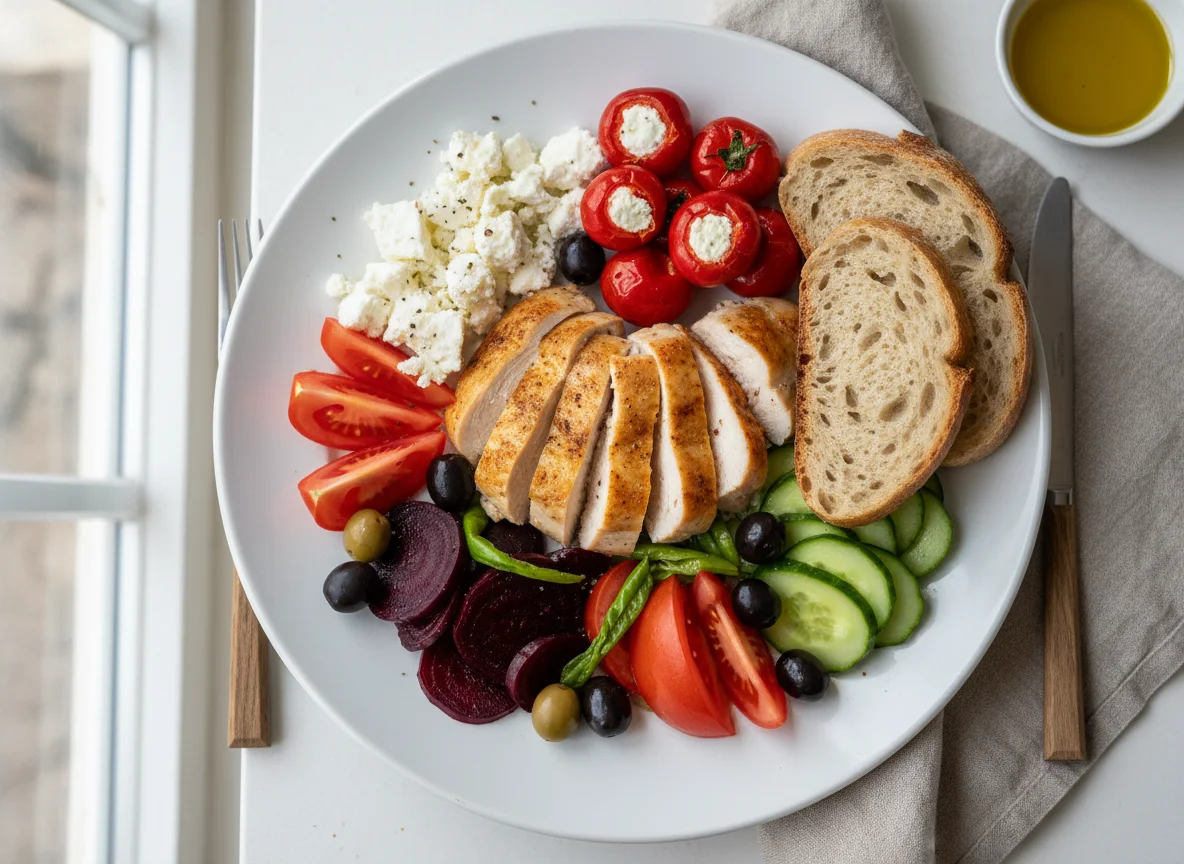 Griechischer Vorspeisenteller mit Hähnchen photo