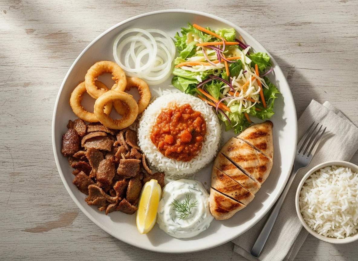 Griechisches Gericht mit Gyros, Calamari und Reis photo