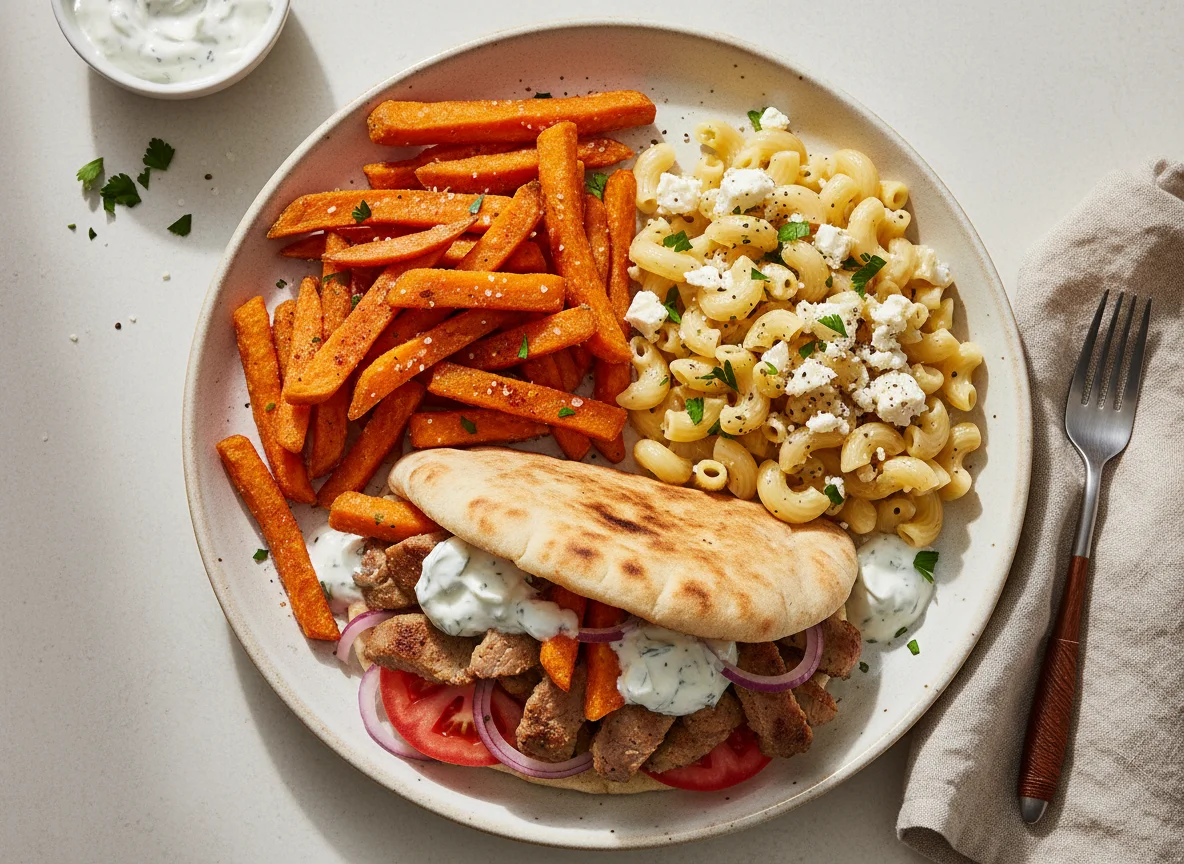 Griechisches Gyros-Pita mit Süßkartoffelpommes und Makkaroni mit Feta photo