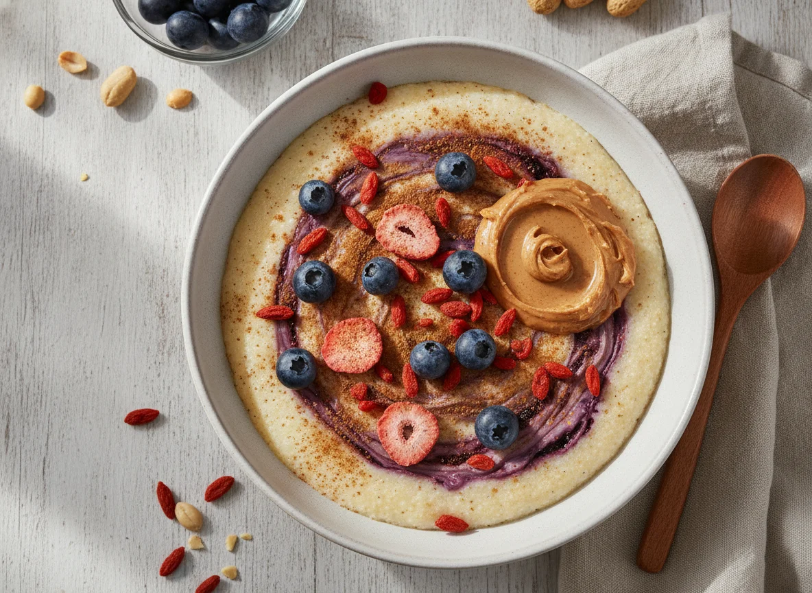 Griespudding mit Beeren und Nussmus photo