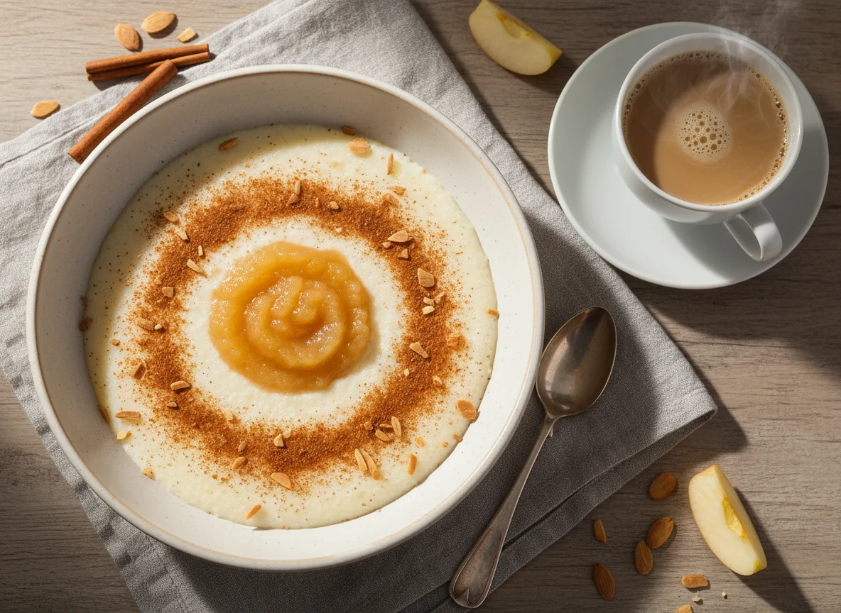 Grießbrei mit Apfelmus und Zimt photo