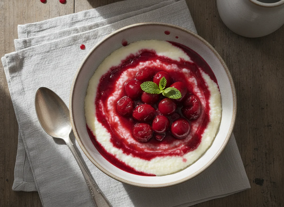 Grießbrei mit heißen Kirschen photo