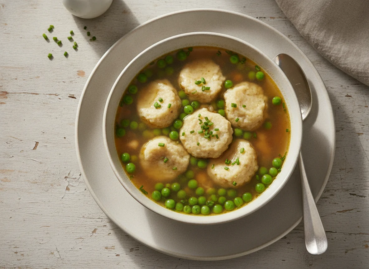 Grießnockerlsuppe mit Erbsen photo