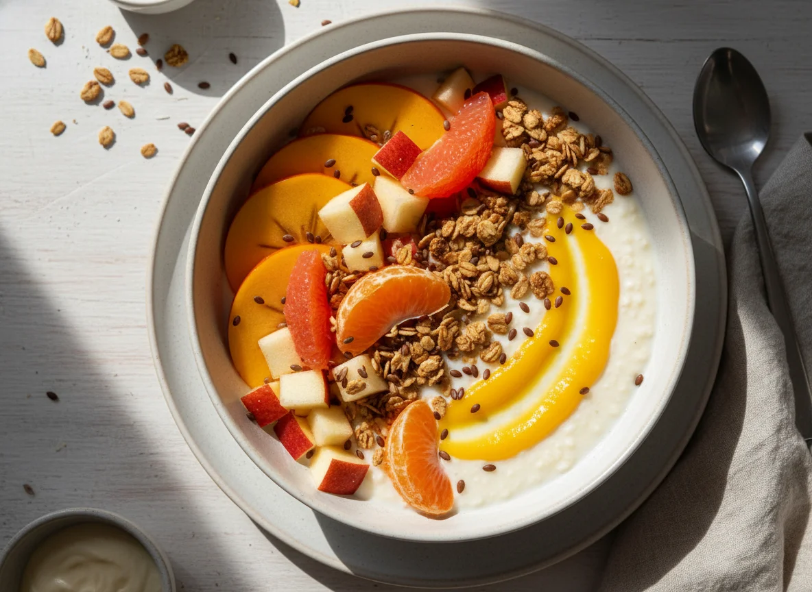 Grießpudding mit Früchten und Müsli photo