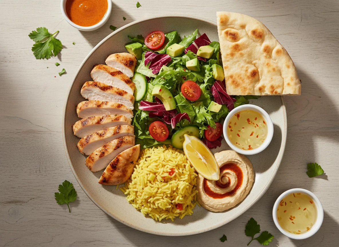 Grillhähnchen-Salat mit Hummus und Fladenbrot photo