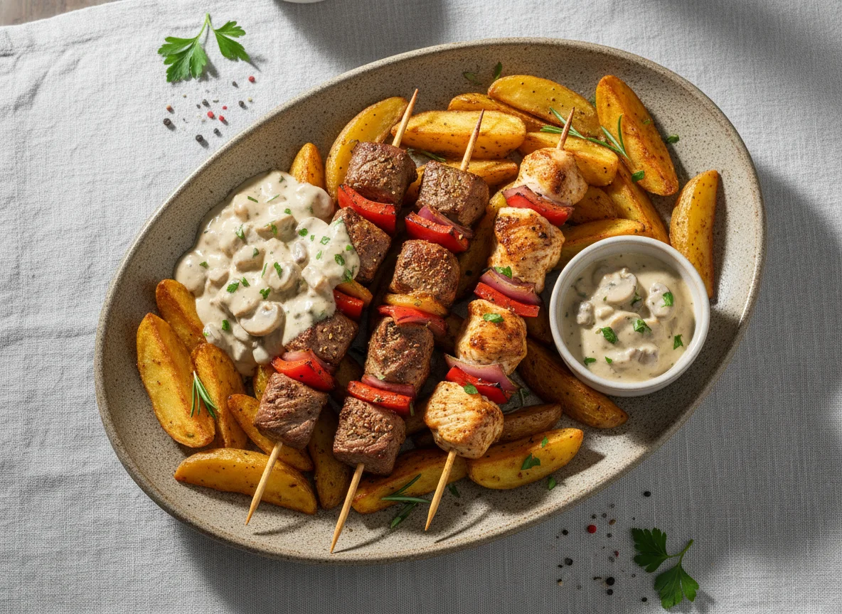 Grillplatte mit Wedges und Pilzrahmsoße photo