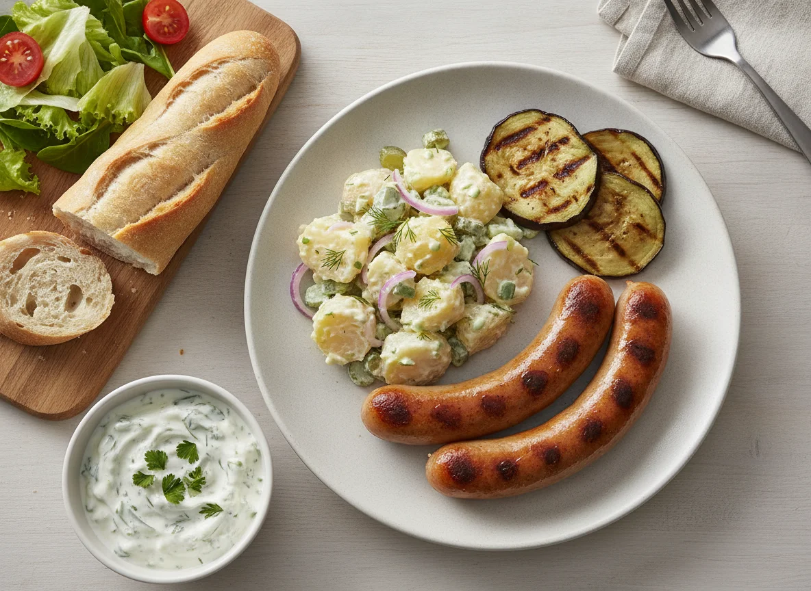 Grillteller mit Bratwurst, Kartoffelsalat und Baguette photo