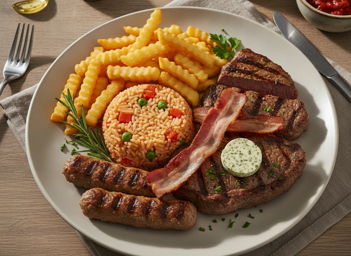 Grillteller mit Djuvec-Reis und Pommes frites photo