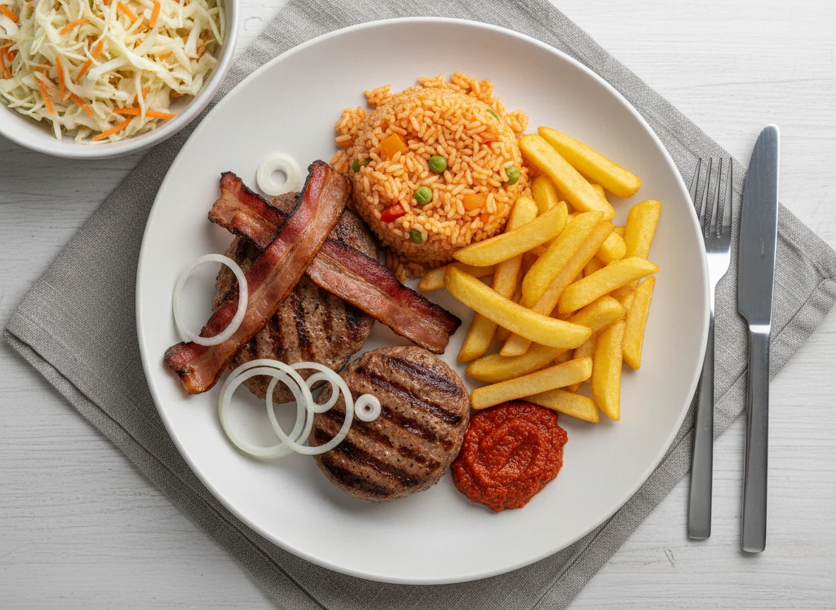 Grillteller mit Djuvec-Reis und Pommes photo