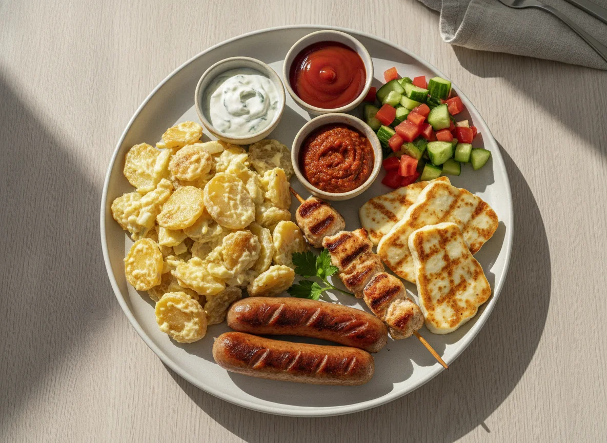 Grillteller mit Kartoffelsalat und Beilagen photo