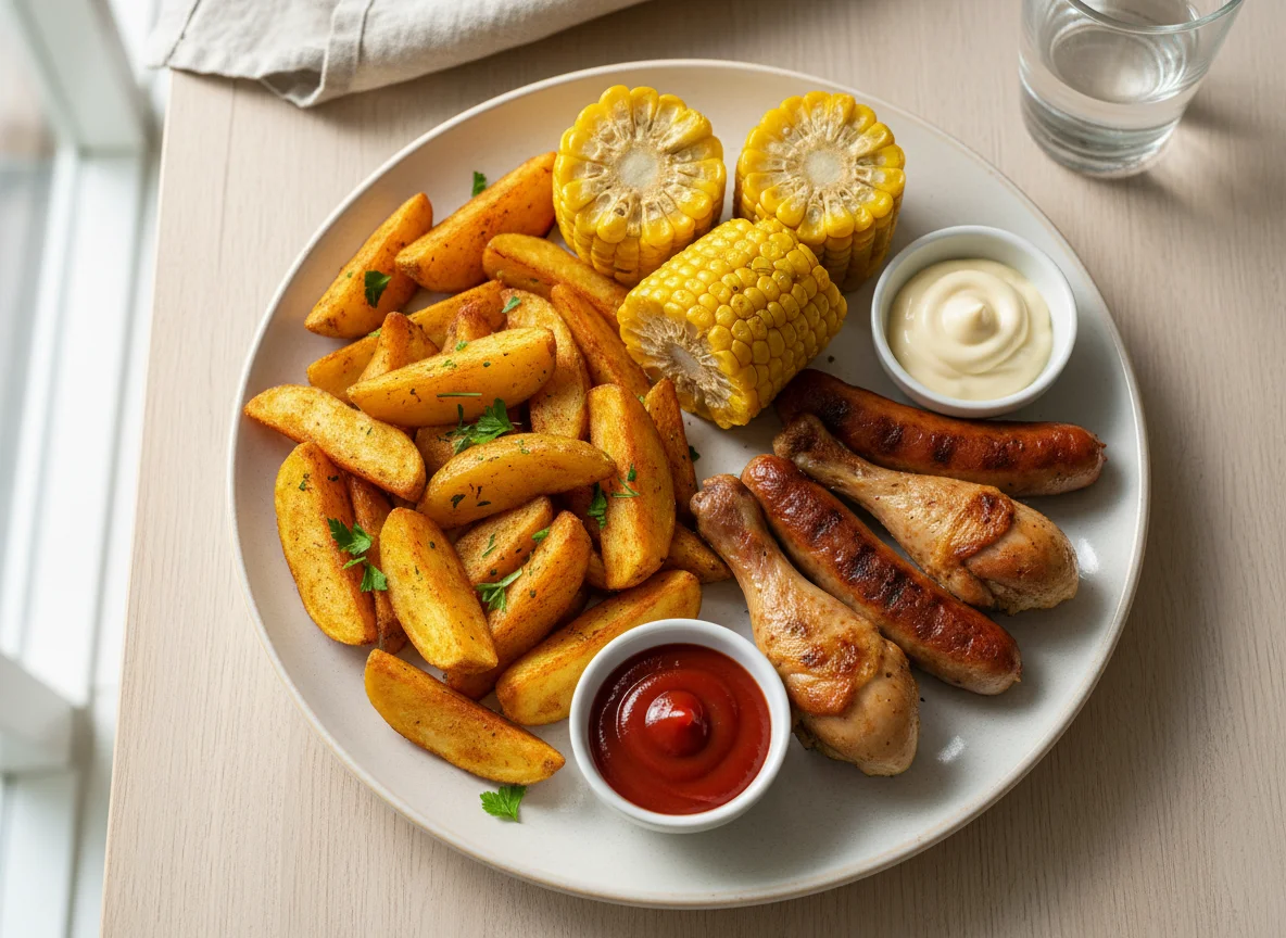 Grillteller mit Maiskolben und Kartoffelspalten photo