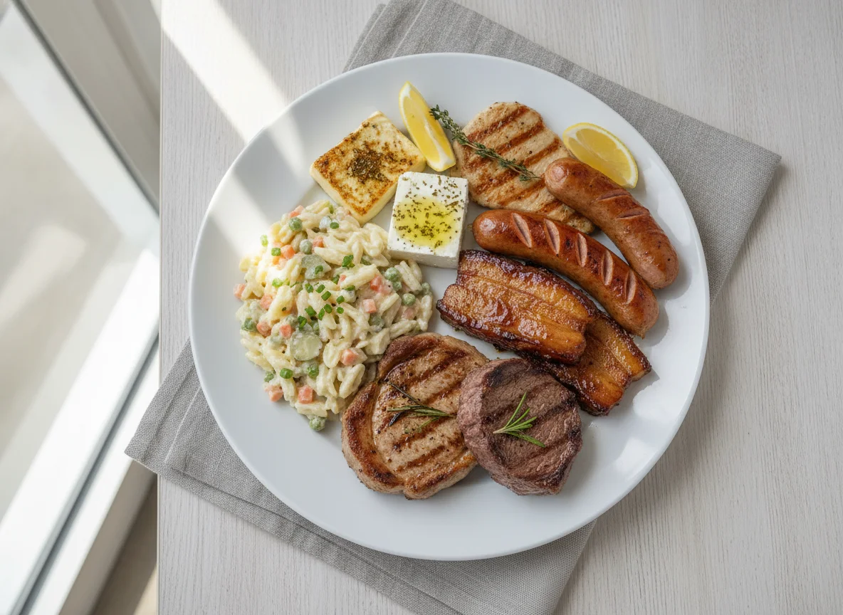 Grillteller mit Nudelsalat photo