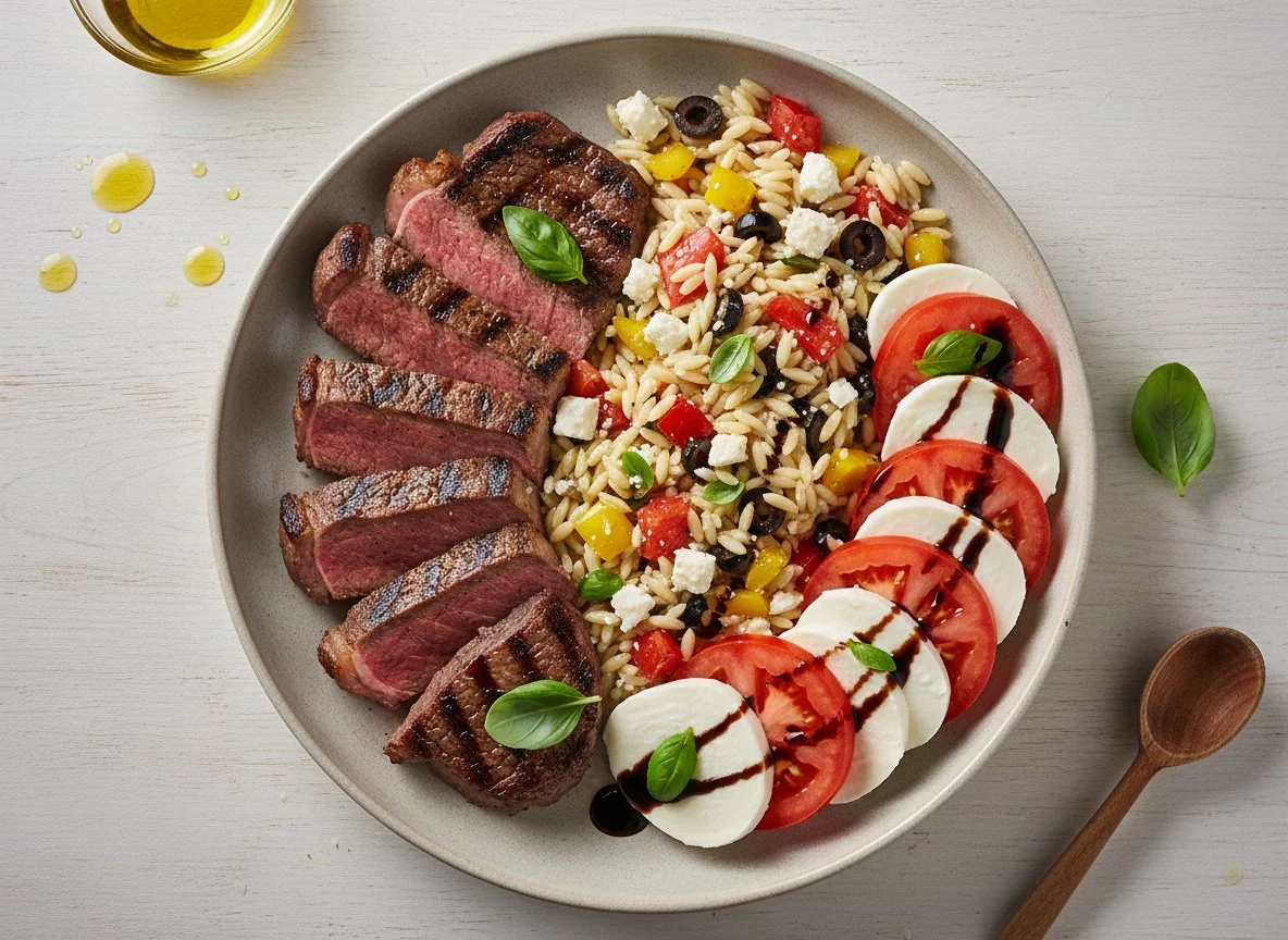 Grillteller mit Orzo-Salat und Tomate-Mozzarella photo
