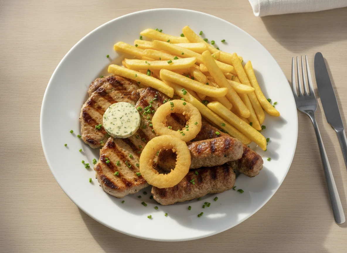 Grillteller mit Pommes photo