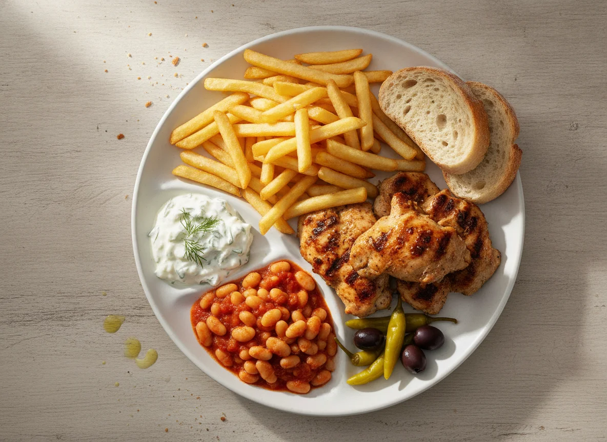 Grillteller mit Pommes und Bohnen photo