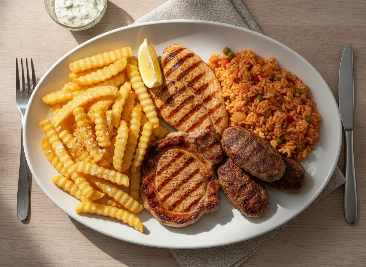 Grillteller mit Pommes und Djuvec-Reis photo