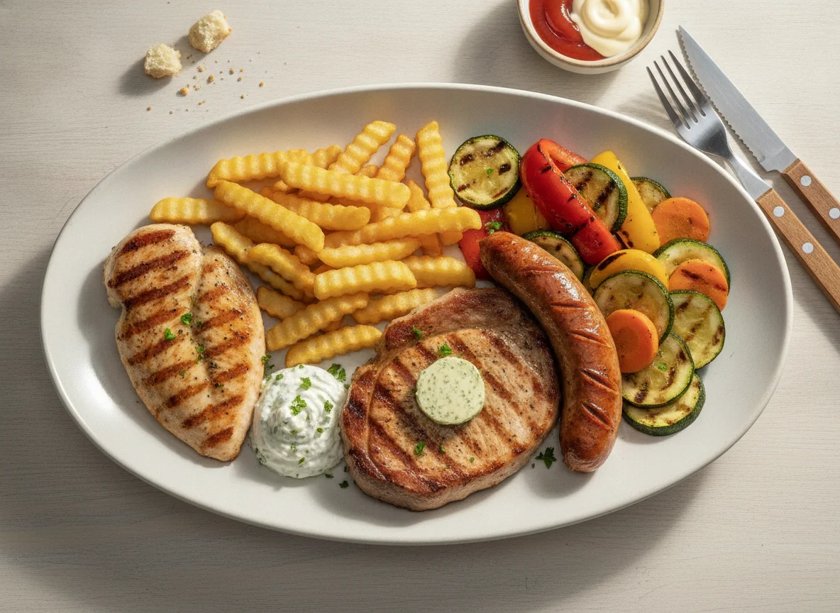 Grillteller mit Pommes und Gemüse photo