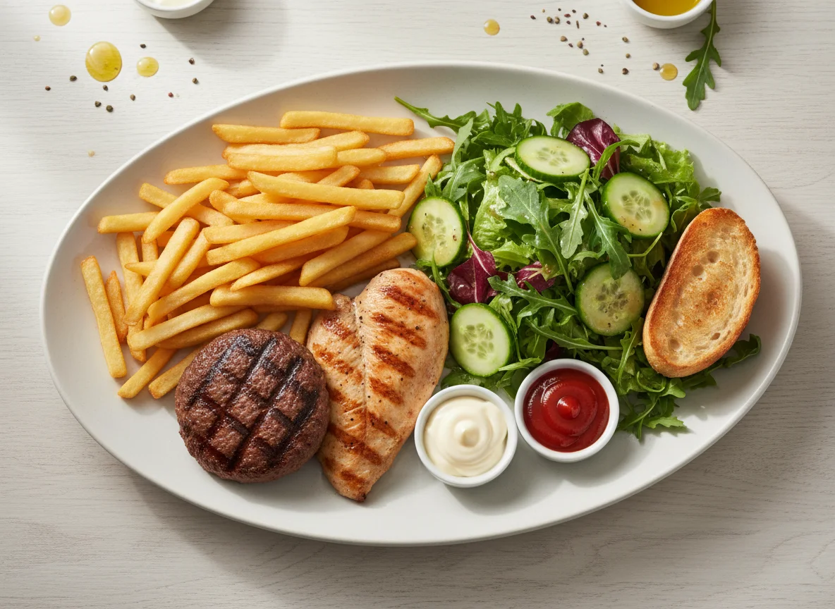 Grillteller mit Pommes und Salat photo