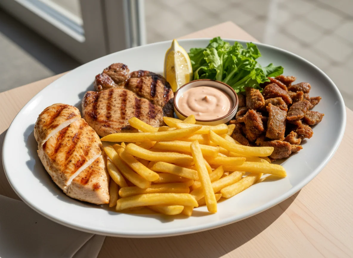 Grillteller mit Pommes und Sauce photo