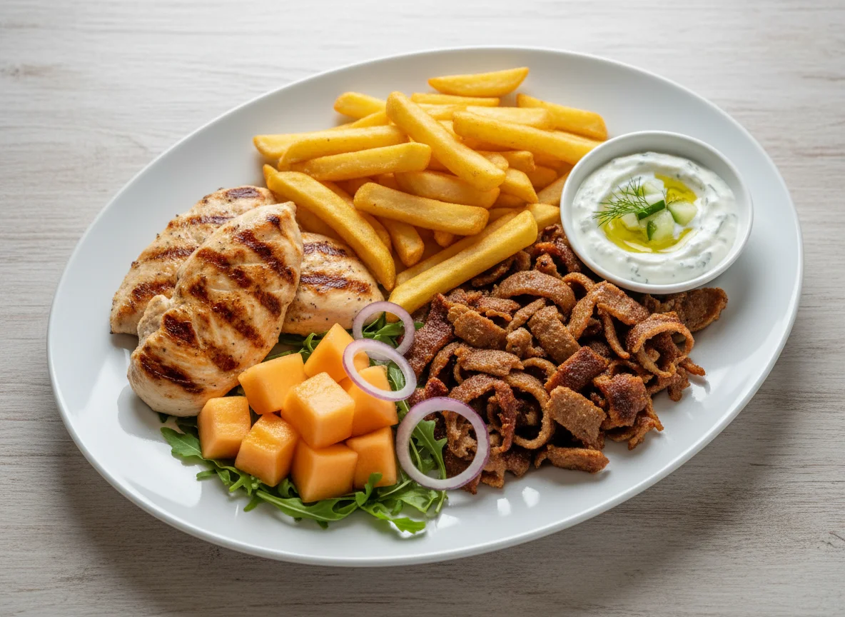 Grillteller mit Pommes und Tzatziki photo