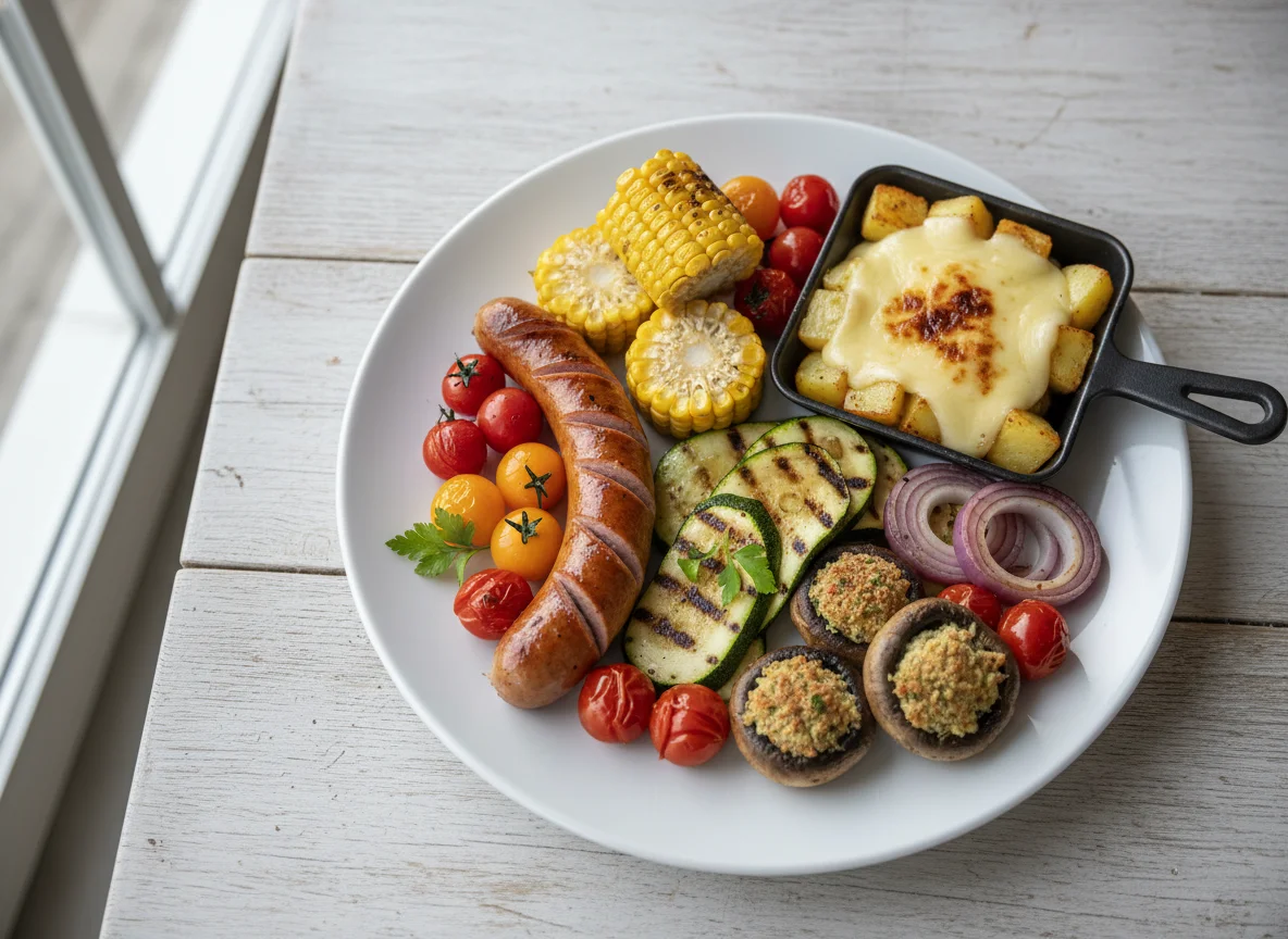 Grillteller mit Raclette und Gemüse photo