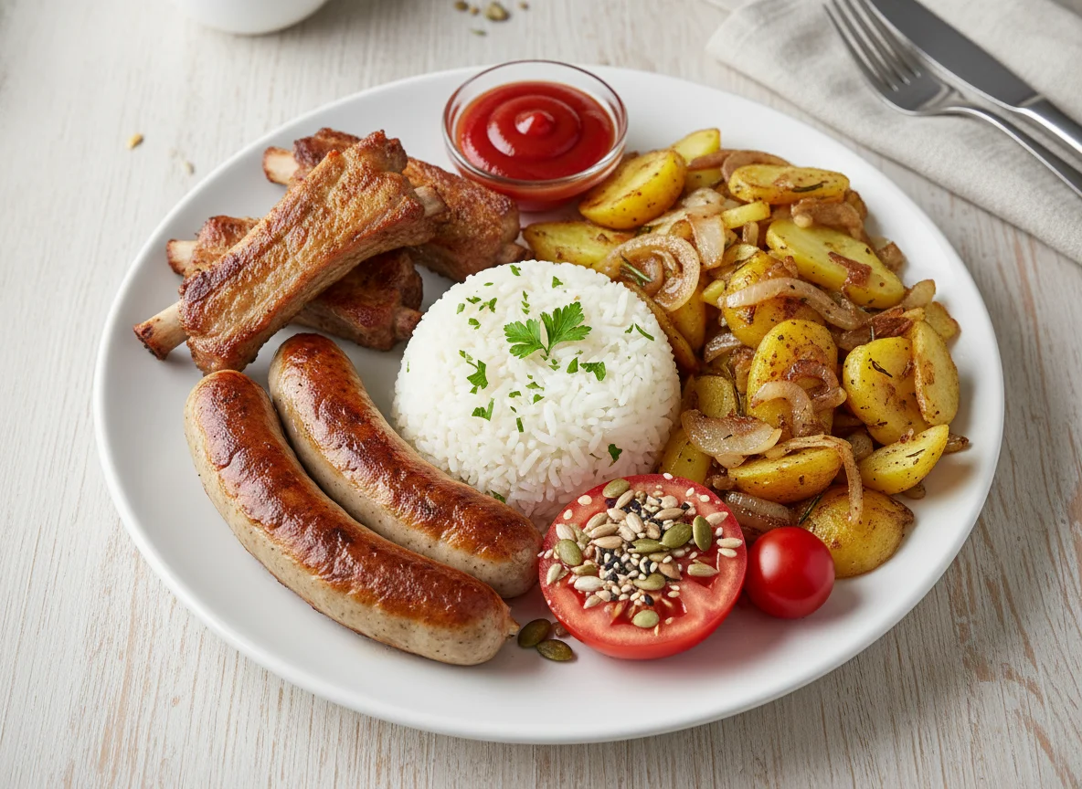 Grillteller mit Reis und Kartoffeln photo
