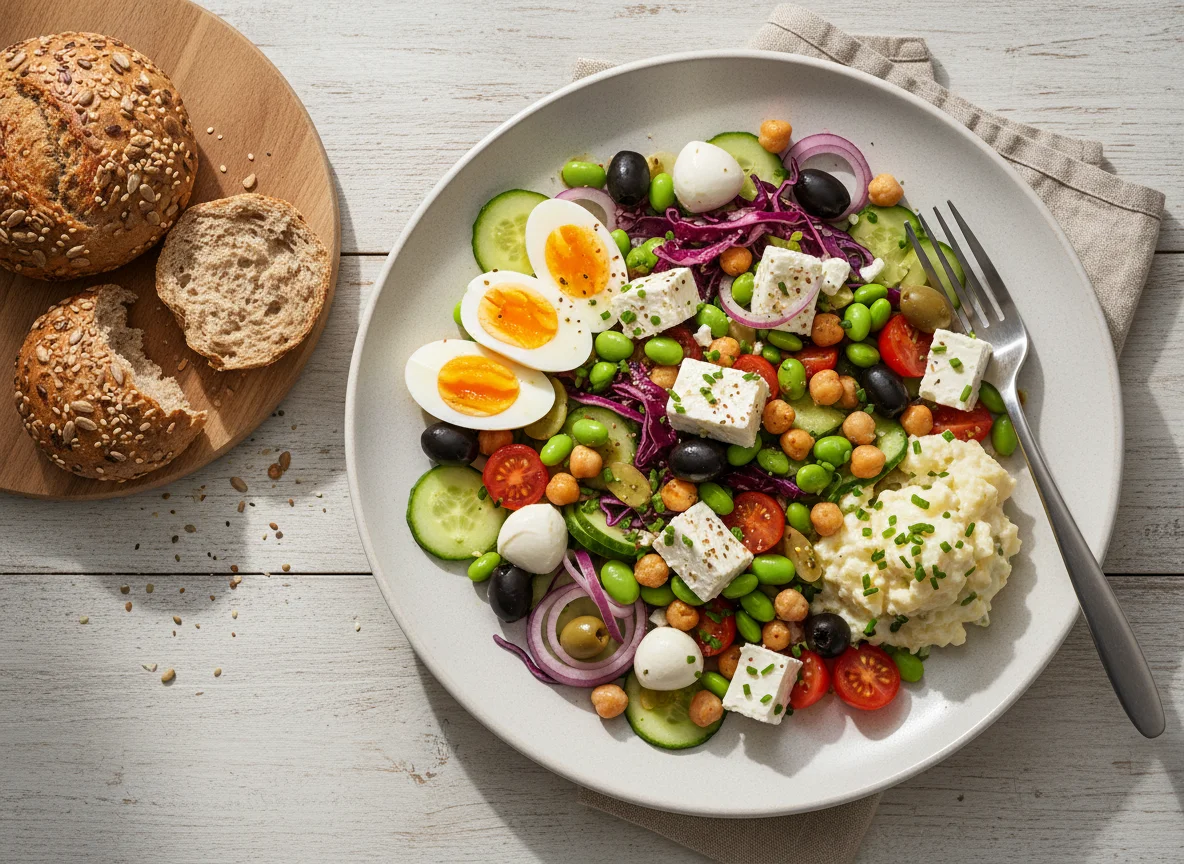 Großer Salat mit Ei, Käse und Vollkornbrötchen photo