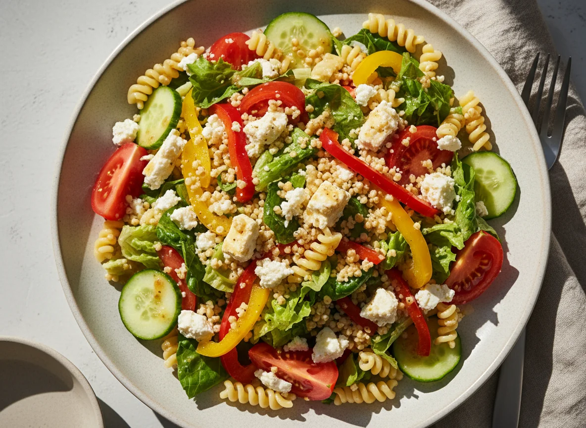 Großer Salat mit Feta, Couscous und Nudeln photo