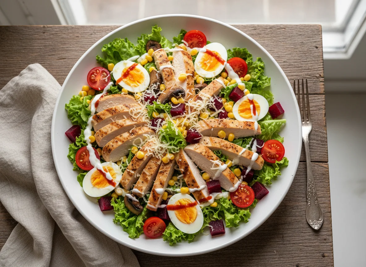 Großer Salat mit Hähnchen, Ei und Käse photo