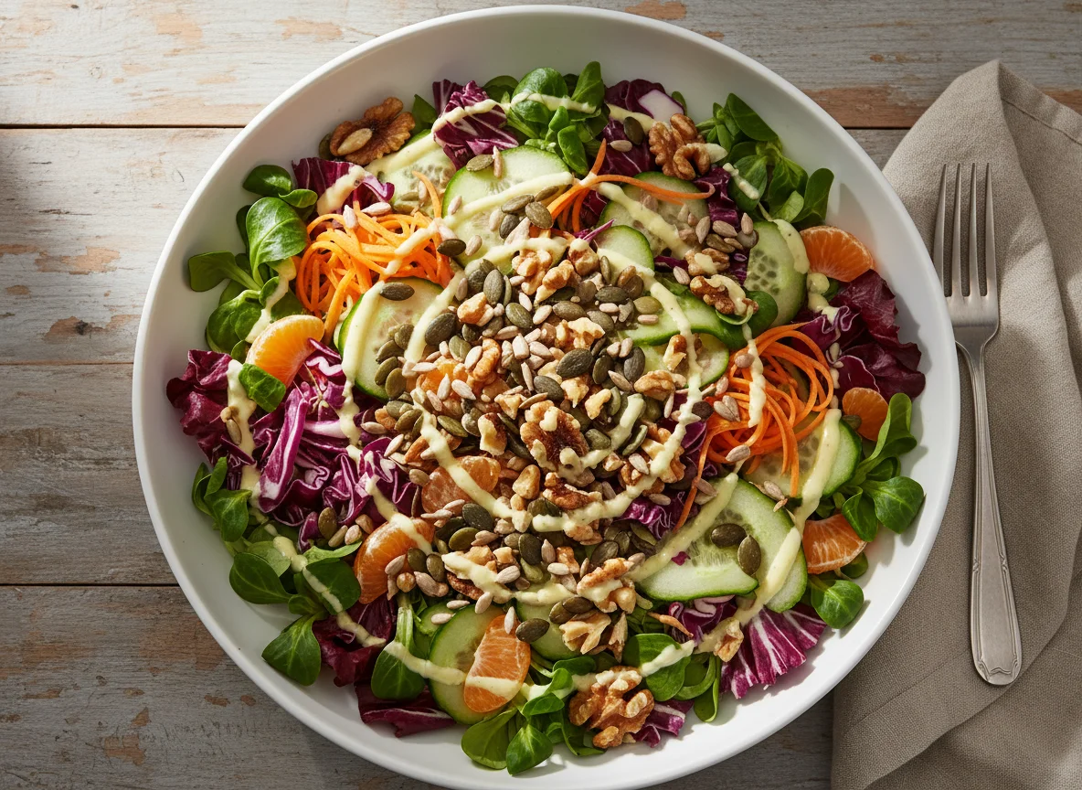 Großer Salat mit Kernen und Nüssen photo