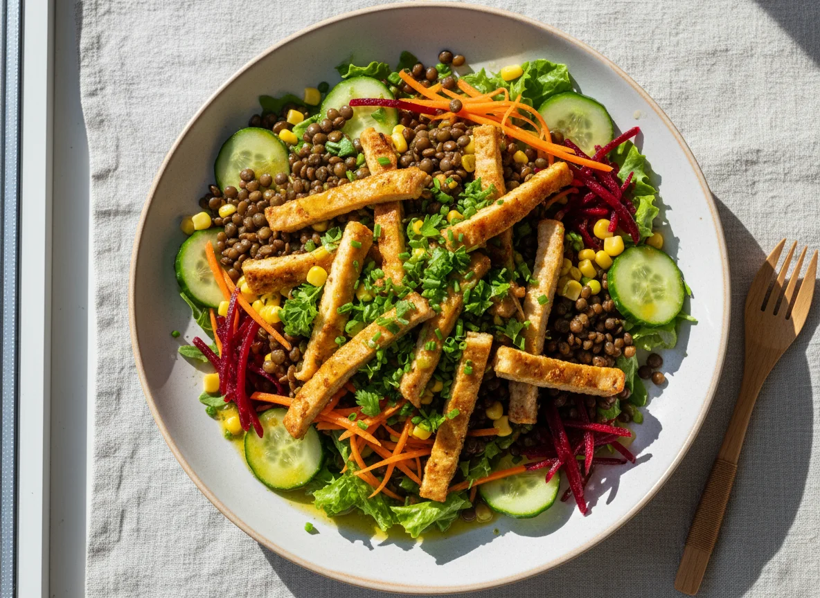 Großer Salat mit Soja Geschnetzeltes und Linsen photo