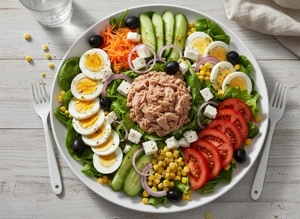 Großer Salat mit Thunfisch und Feta photo