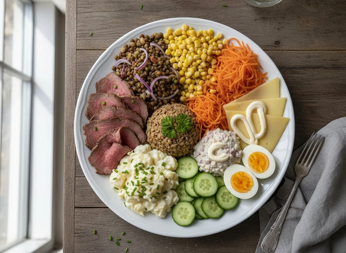 Grosser Salatteller mit Fleisch und Käse photo