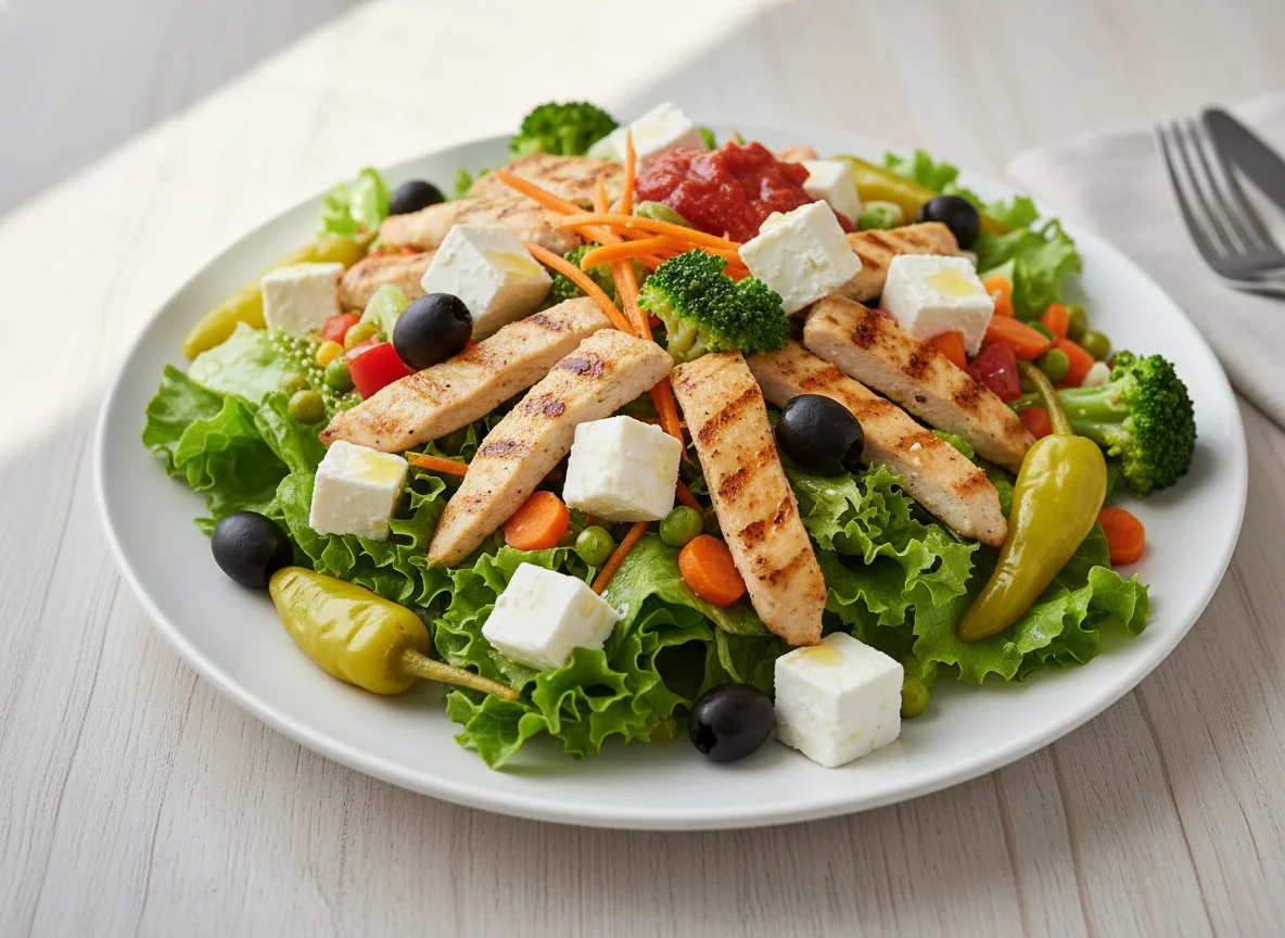 Großer Salatteller mit Hähnchen und Feta photo