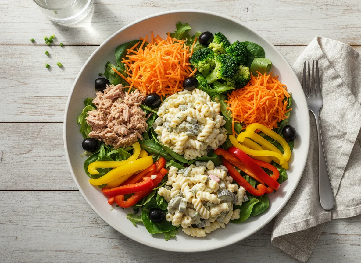 Großer Salatteller mit Thunfisch und Nudelsalat photo