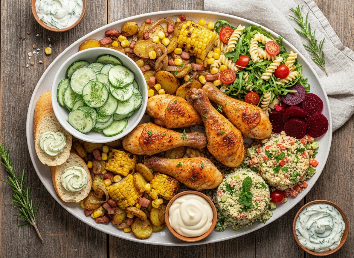 Großer Teller mit Hähnchen und verschiedenen Beilagen photo