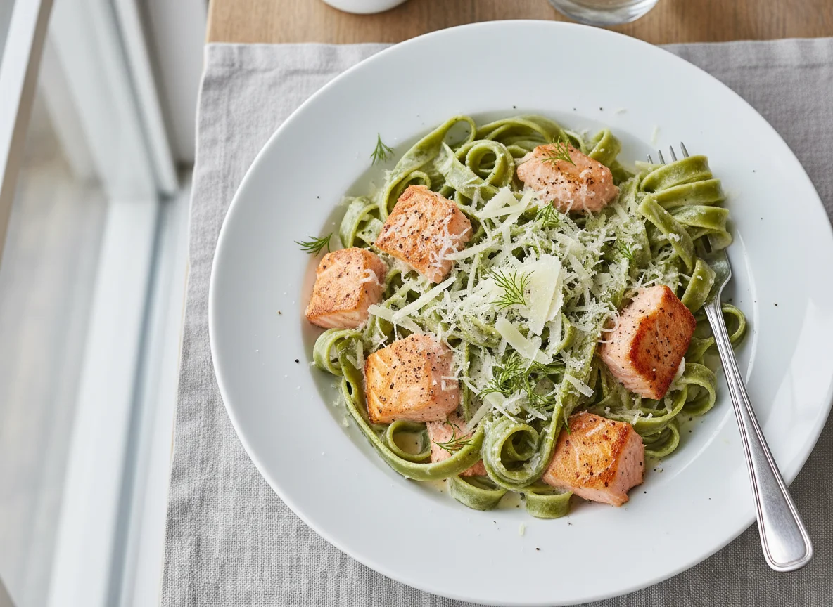 Grüne Bandnudeln mit Lachs-Sahne-Sauce und Parmesan photo