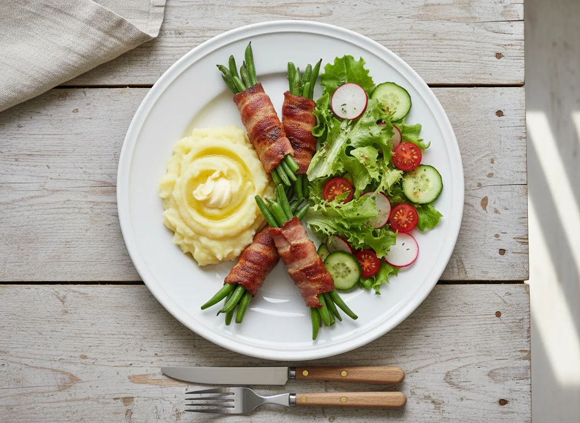 Grüne Bohnen im Speckmantel mit Kartoffelpüree und Salat photo