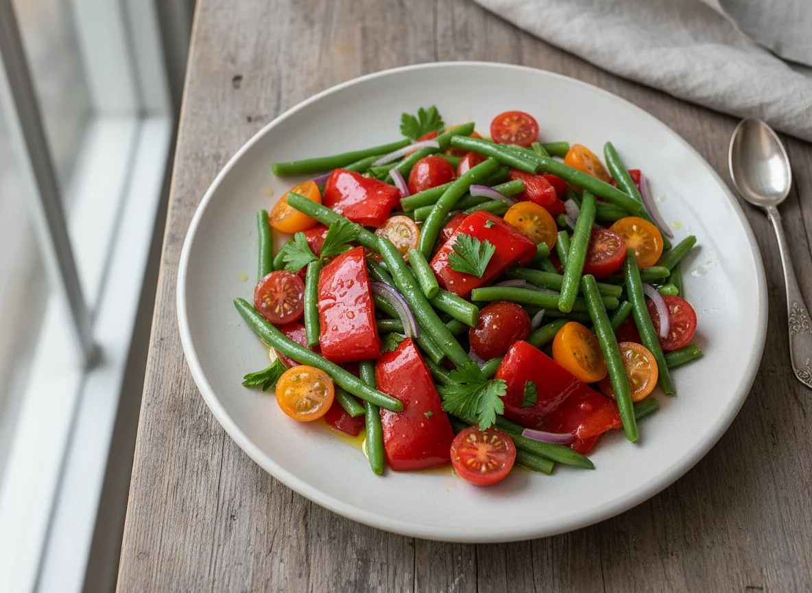Grüne Bohnen mit Paprika und Tomaten photo